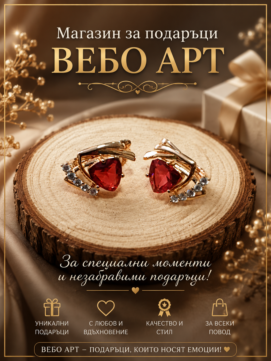 Дамски обеци с форма на сърце, с 14 каратово златно покритие