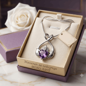 Изящно дамско колие Claddagh с лилав сърцевиден камък