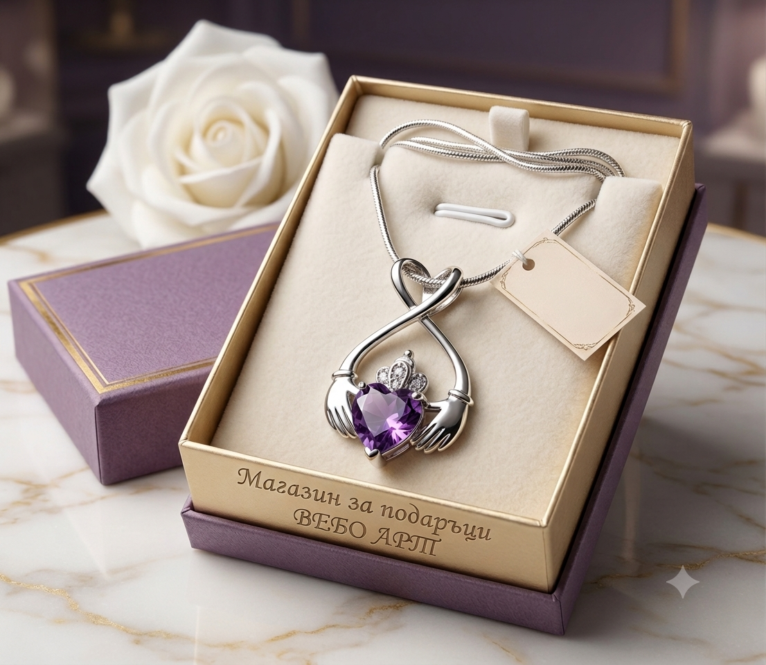 Изящно дамско колие Claddagh с лилав сърцевиден камък