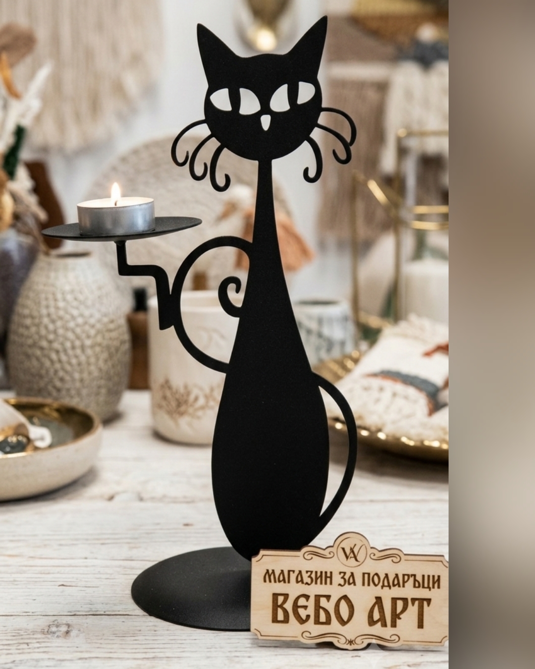 Елегантен метален свещник във формата на черна котка